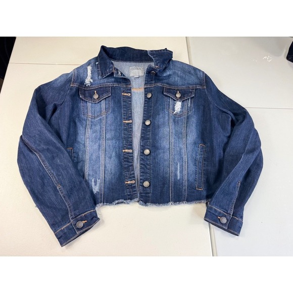 Lovesick Distressed Denim Jacket Cropped Blue Jean Jacket Raw Hem Juniors 1 - Picture 2 of 10